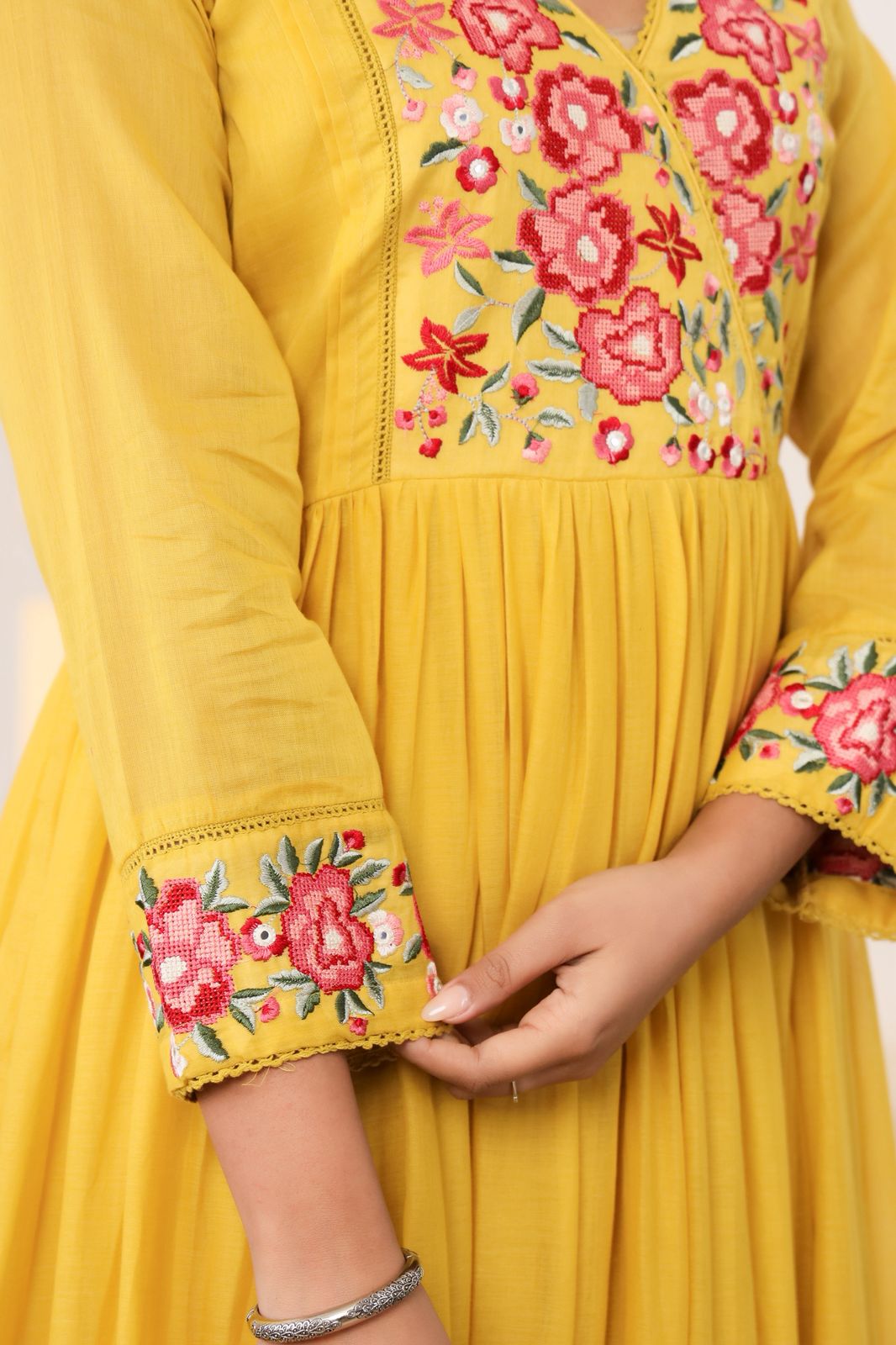 Malmal Cotton Anarkali Kurti Set with Pant & Dupatta