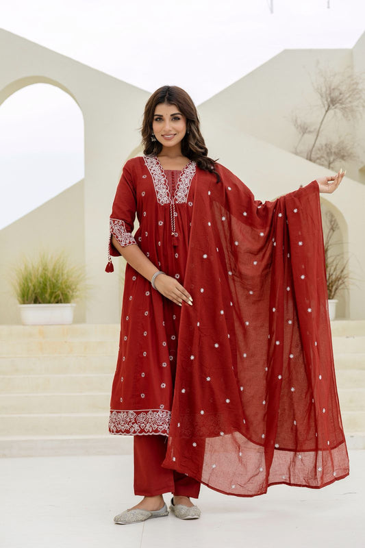 A-Line Kurta Set with Pant & Malmal Dupatta – Handwork Embroidery