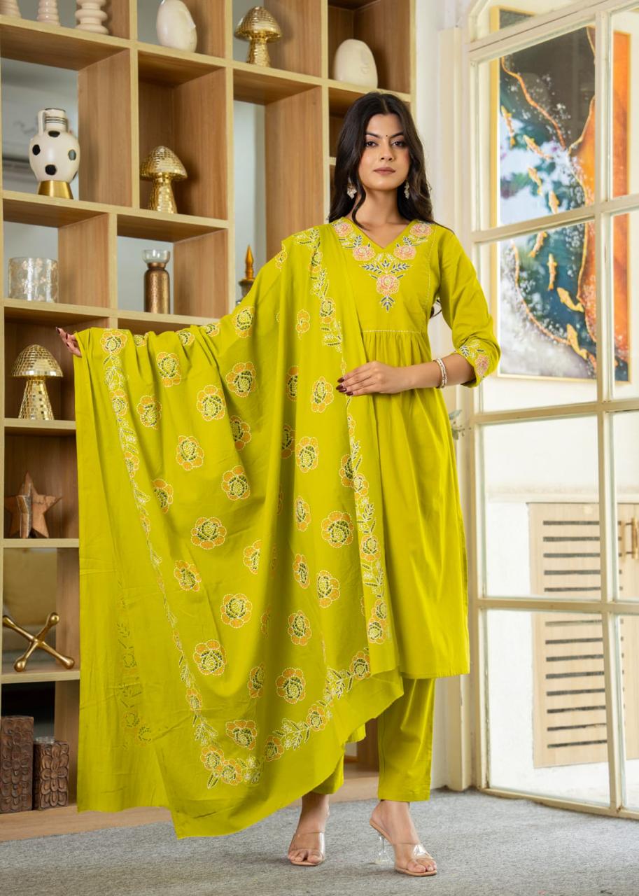Cotton Fabric Suit with Malmal Dupatta – Embroidered Neckline