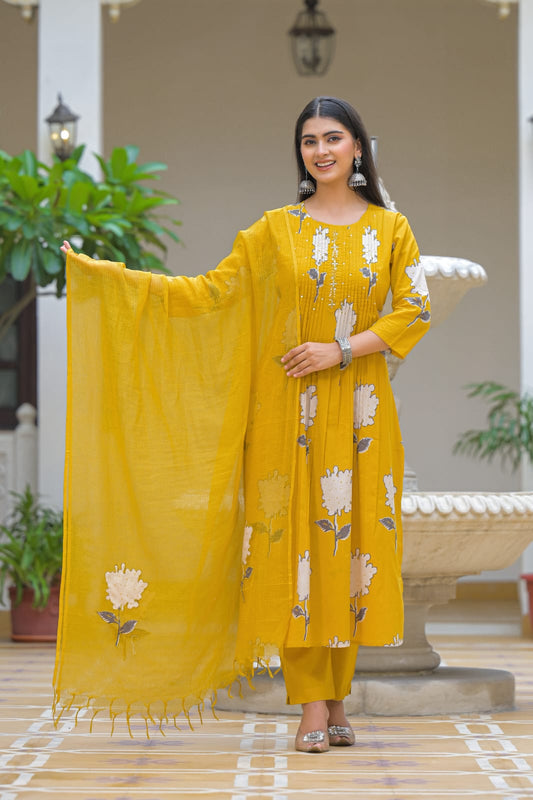 A-Line Cotton Suit with Pant & Malmal Dupatta