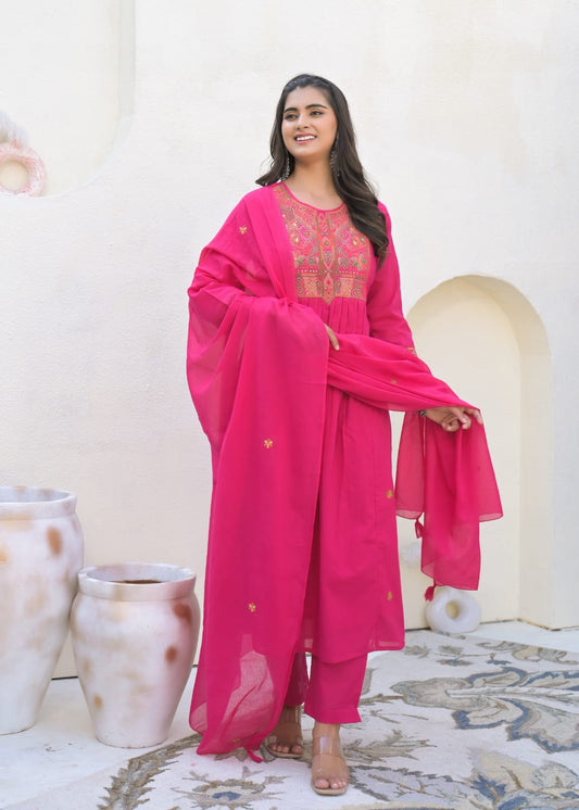 A-Line Cotton Suit with Cotton Pant and Malmal Dupatta