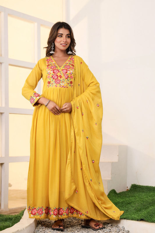 Malmal Cotton Anarkali Kurti Set with Pant & Dupatta