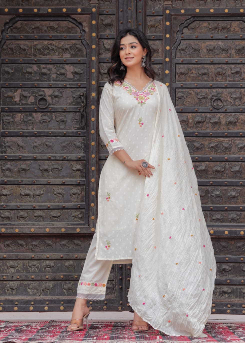 Off- white Malmal Cotton Suit with Cotton Pant – Embroidered Detailing