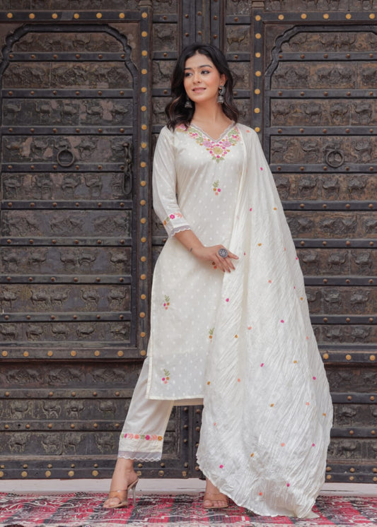 Off- white Malmal Cotton Suit with Cotton Pant – Embroidered Detailing