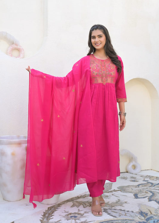 A-Line Cotton Suit with Cotton Pant and Malmal Dupatta