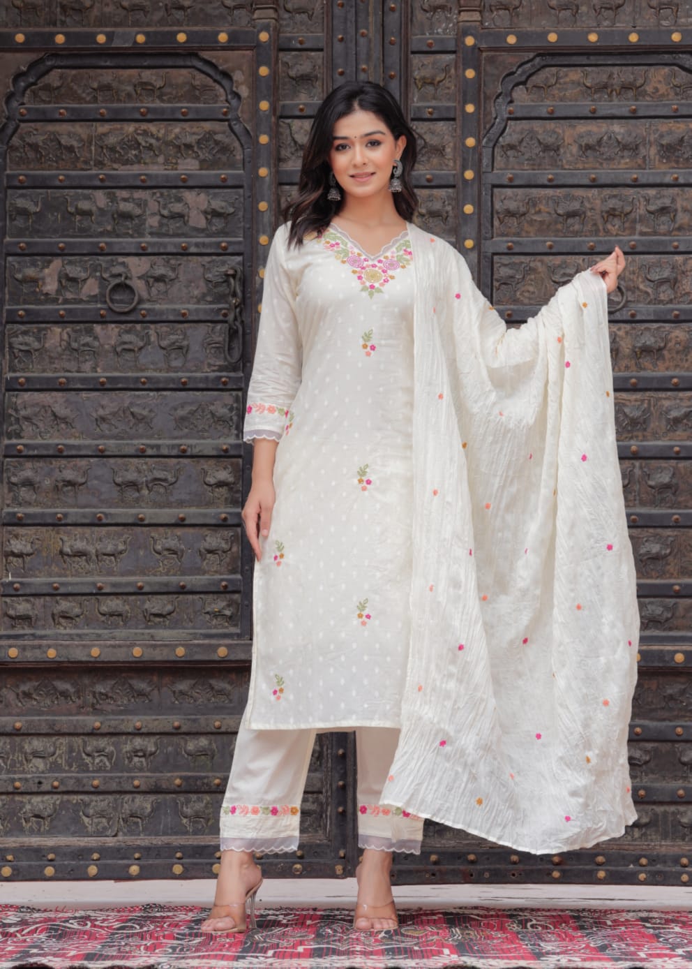 Off- white Malmal Cotton Suit with Cotton Pant – Embroidered Detailing