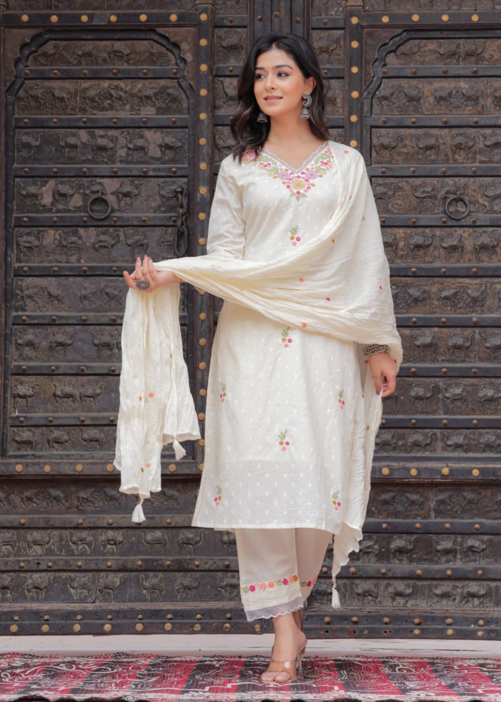 Off- white Malmal Cotton Suit with Cotton Pant – Embroidered Detailing