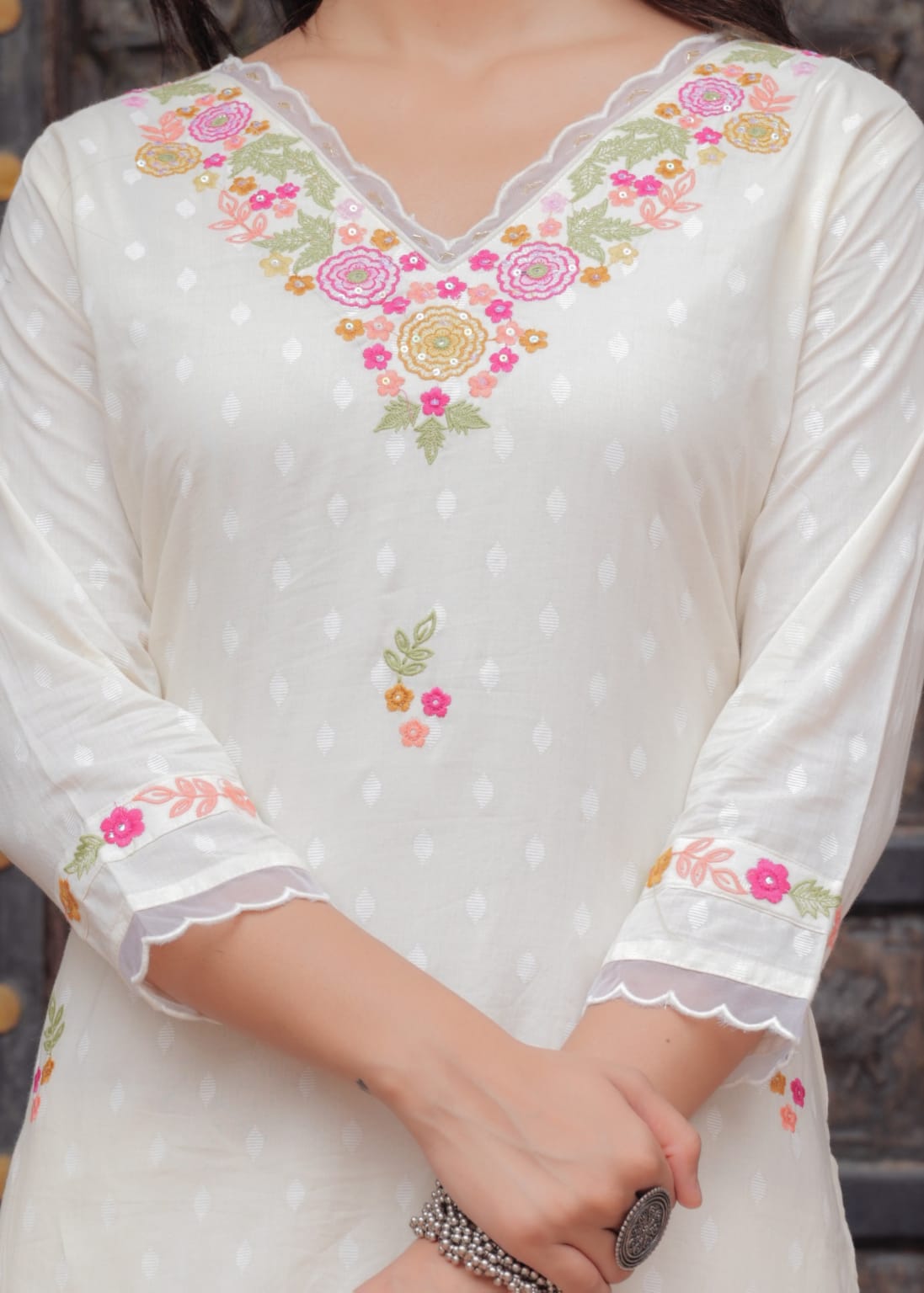 Off- white Malmal Cotton Suit with Cotton Pant – Embroidered Detailing