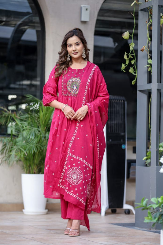A-Line Cotton Suit with Cotton Pant and Malmal Dupatta