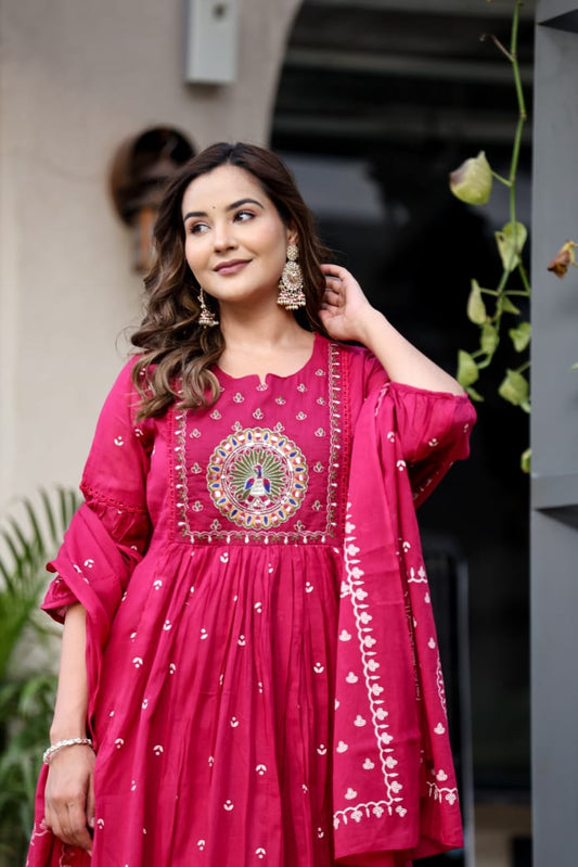 A-Line Cotton Suit with Cotton Pant and Malmal Dupatta