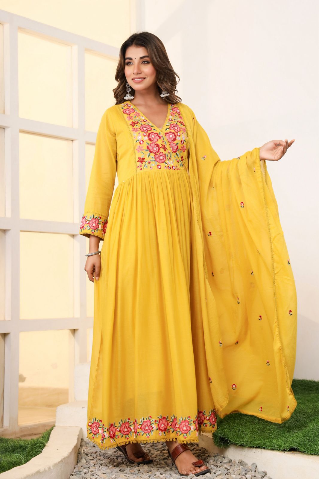 Malmal Cotton Anarkali Kurti Set with Pant & Dupatta