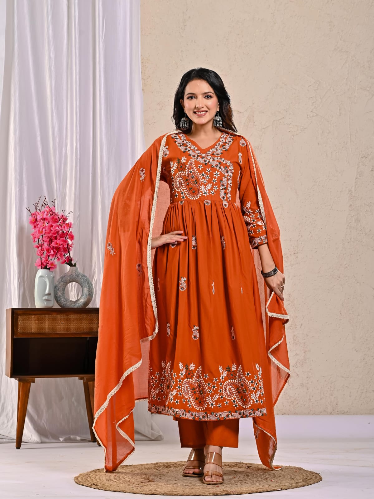 Anarkali Cotton Suit with Cotton Pant and Malmal Dupatta