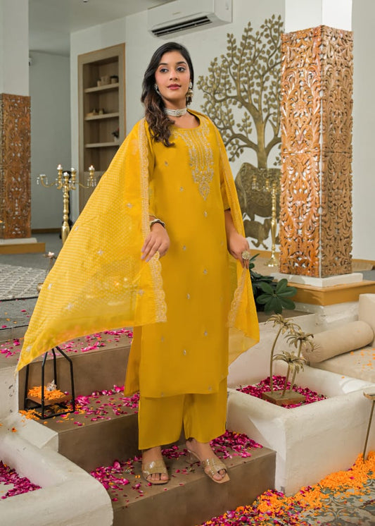 Crape Silk Straight Suit with Silk Dupatta