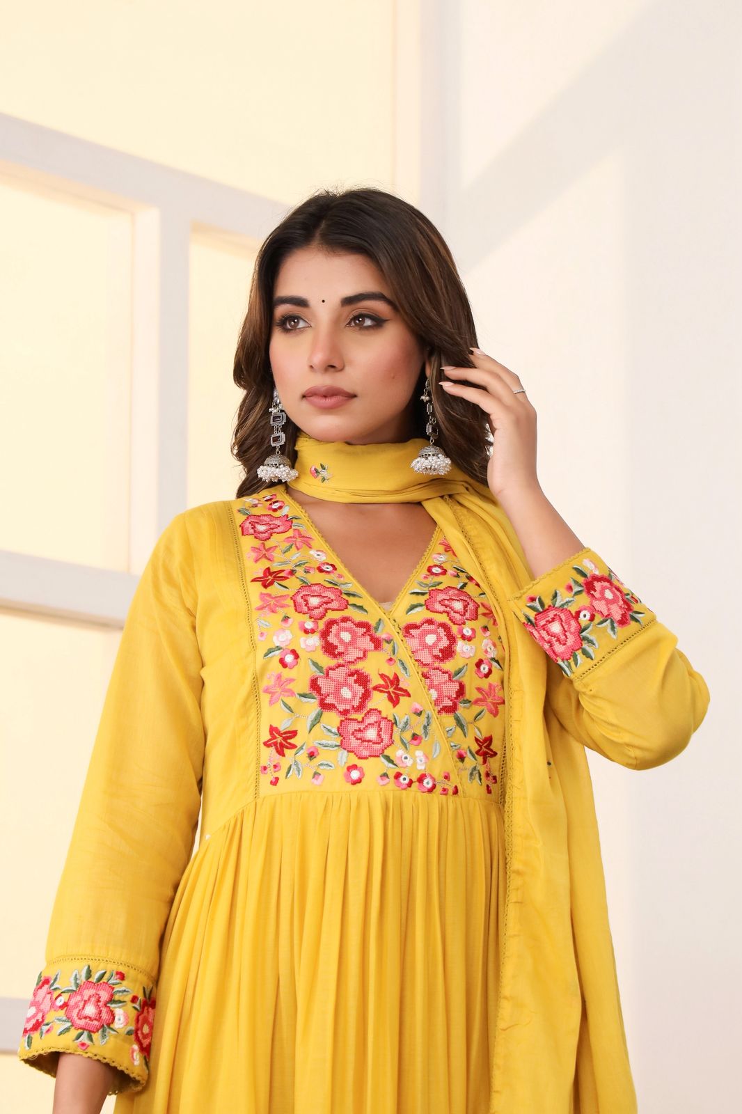 Malmal Cotton Anarkali Kurti Set with Pant & Dupatta