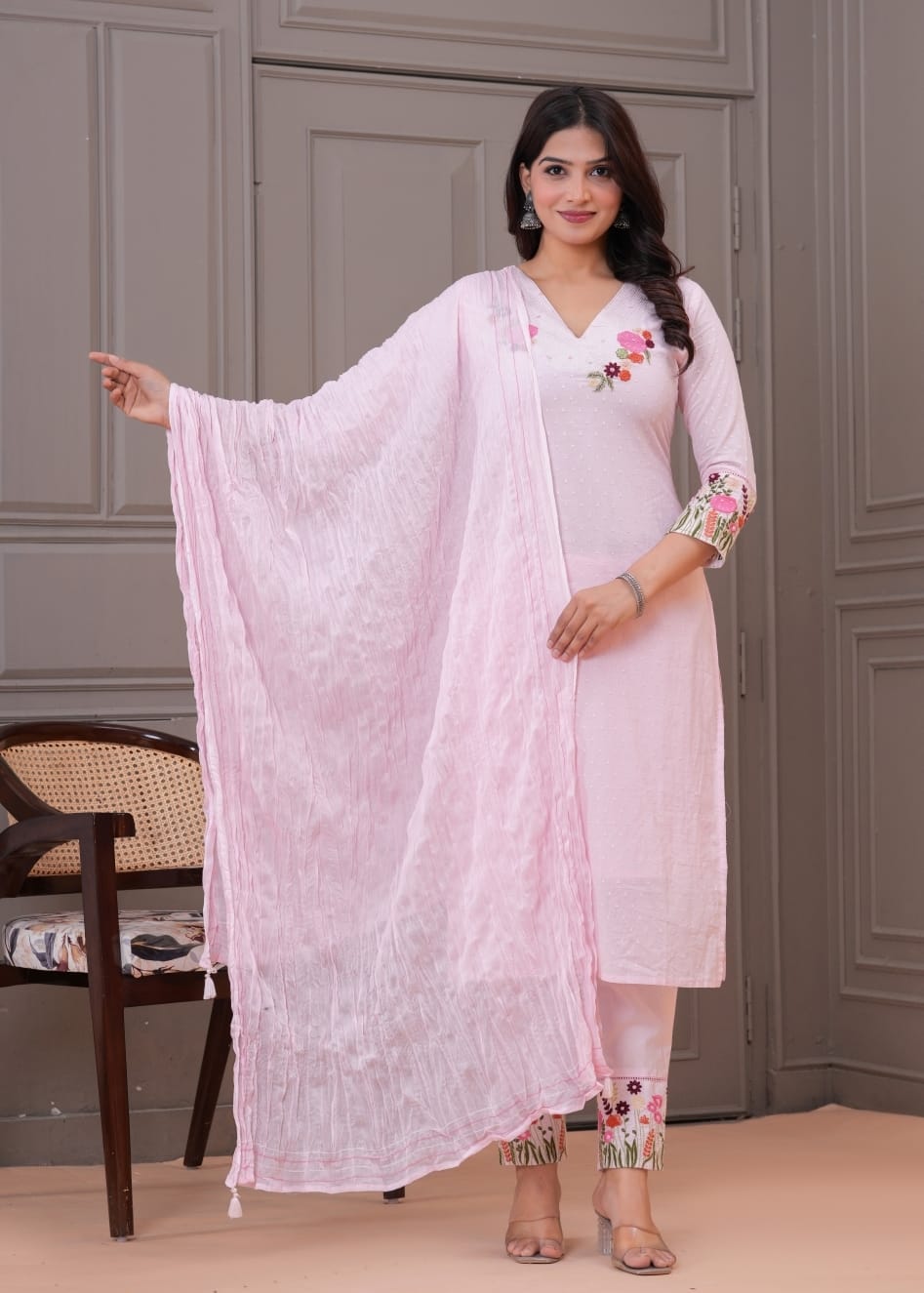 Malmal Cotton Suit Set with Pant & Dupatta