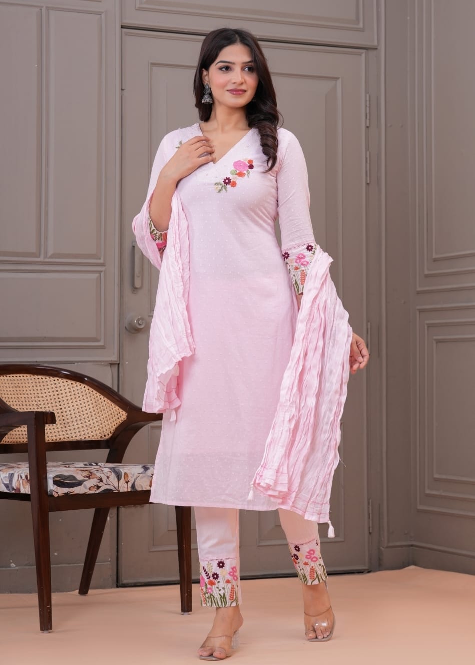 Malmal Cotton Suit Set with Pant & Dupatta