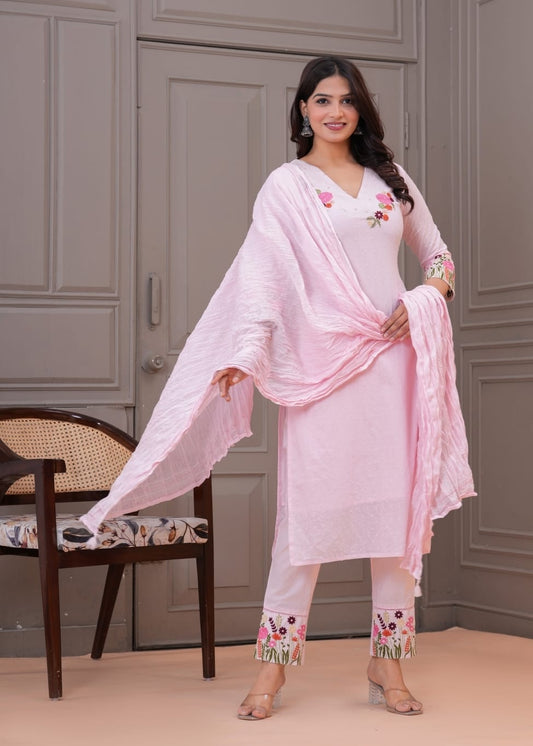Malmal Cotton Suit Set with Pant & Dupatta