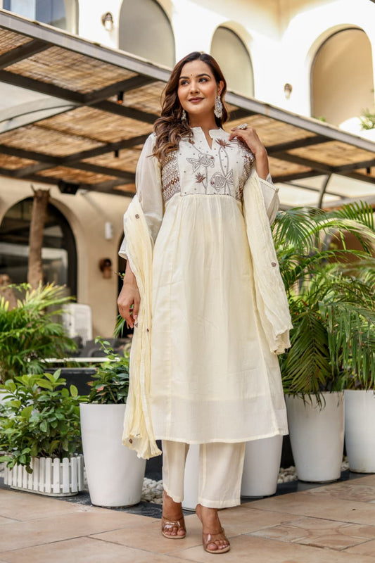 A-Line Cotton Suit with Cotton Pant and Malmal Dupatta