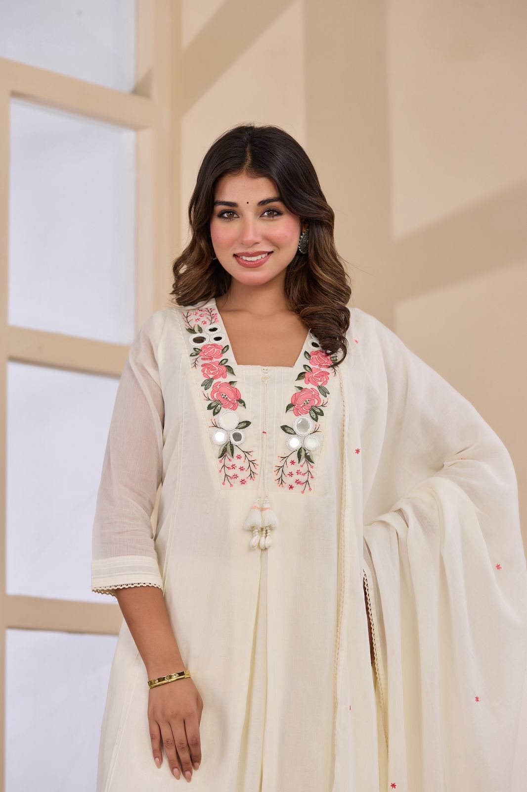 Malmal Cotton A-Line Suit Set with Dupatta & Pant