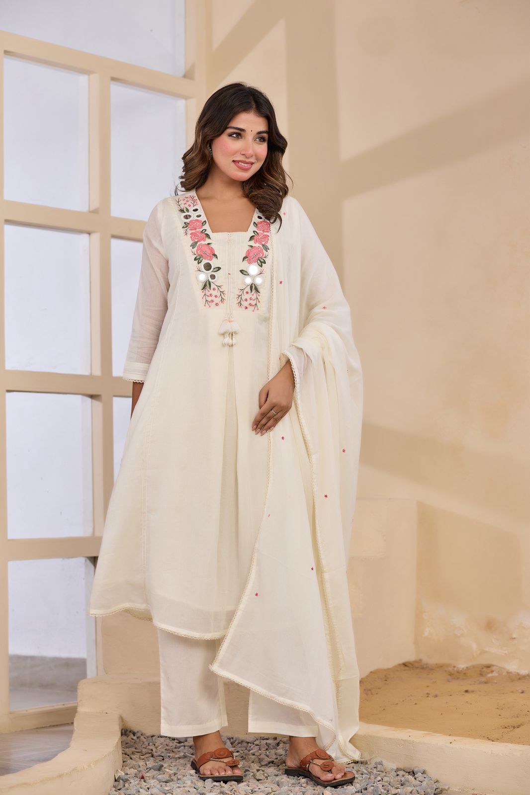 Malmal Cotton A-Line Suit Set with Dupatta & Pant