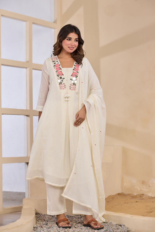 Malmal Cotton A-Line Suit Set with Dupatta & Pant