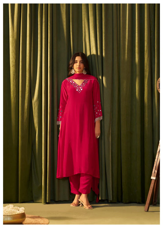 A-Line Crabe Silk Suit with Silk Dupatta and Pant