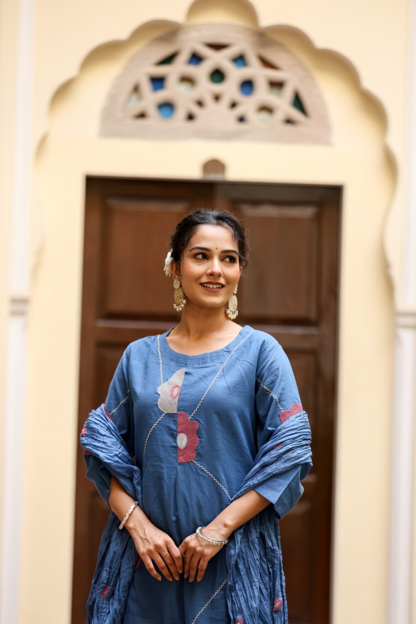 A-Line Cotton Suit with Malmal Cotton Dupatta