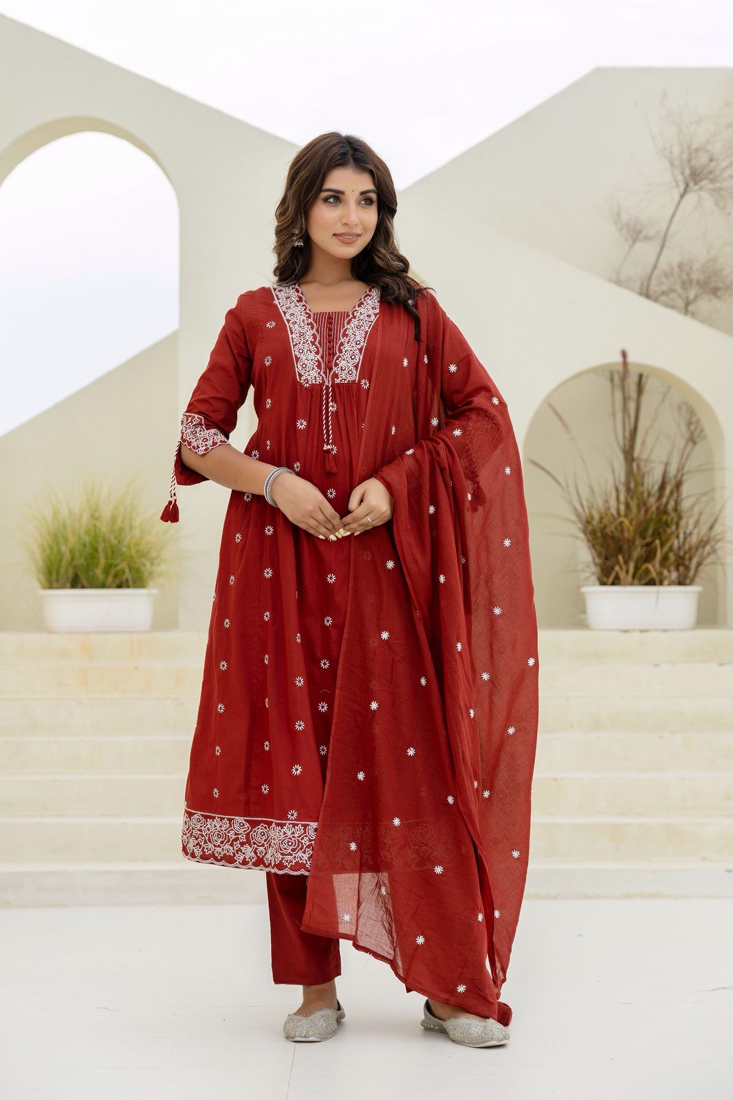 A-Line Kurta Set with Pant & Malmal Dupatta – Handwork Embroidery
