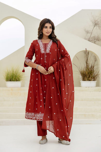 A-Line Kurta Set with Pant & Malmal Dupatta – Handwork Embroidery
