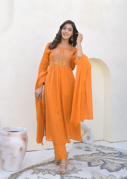 A-Line Cotton Suit with Cotton Pant and Malmal Dupatta