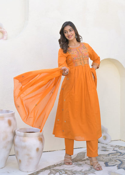 A-Line Cotton Suit with Cotton Pant and Malmal Dupatta