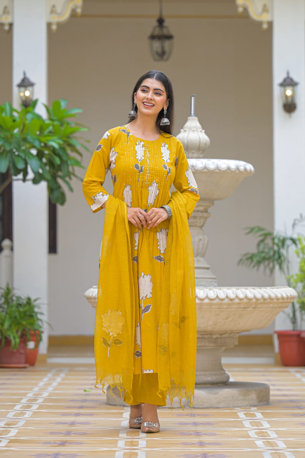 A-Line Cotton Suit with Pant & Malmal Dupatta
