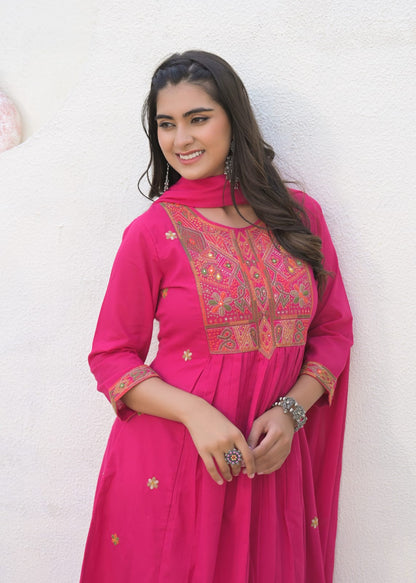 A-Line Cotton Suit with Cotton Pant and Malmal Dupatta