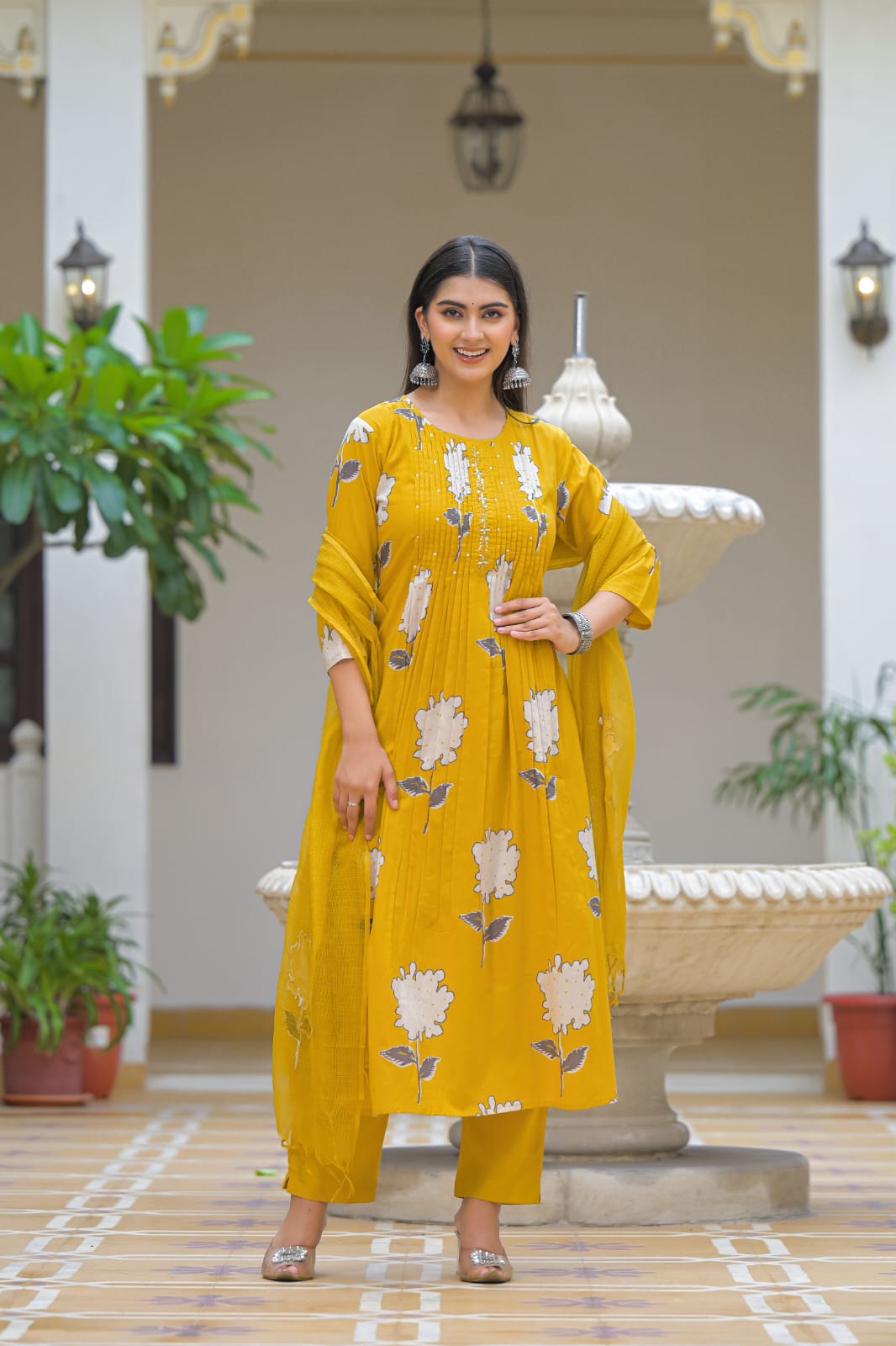 A-Line Cotton Suit with Pant & Malmal Dupatta