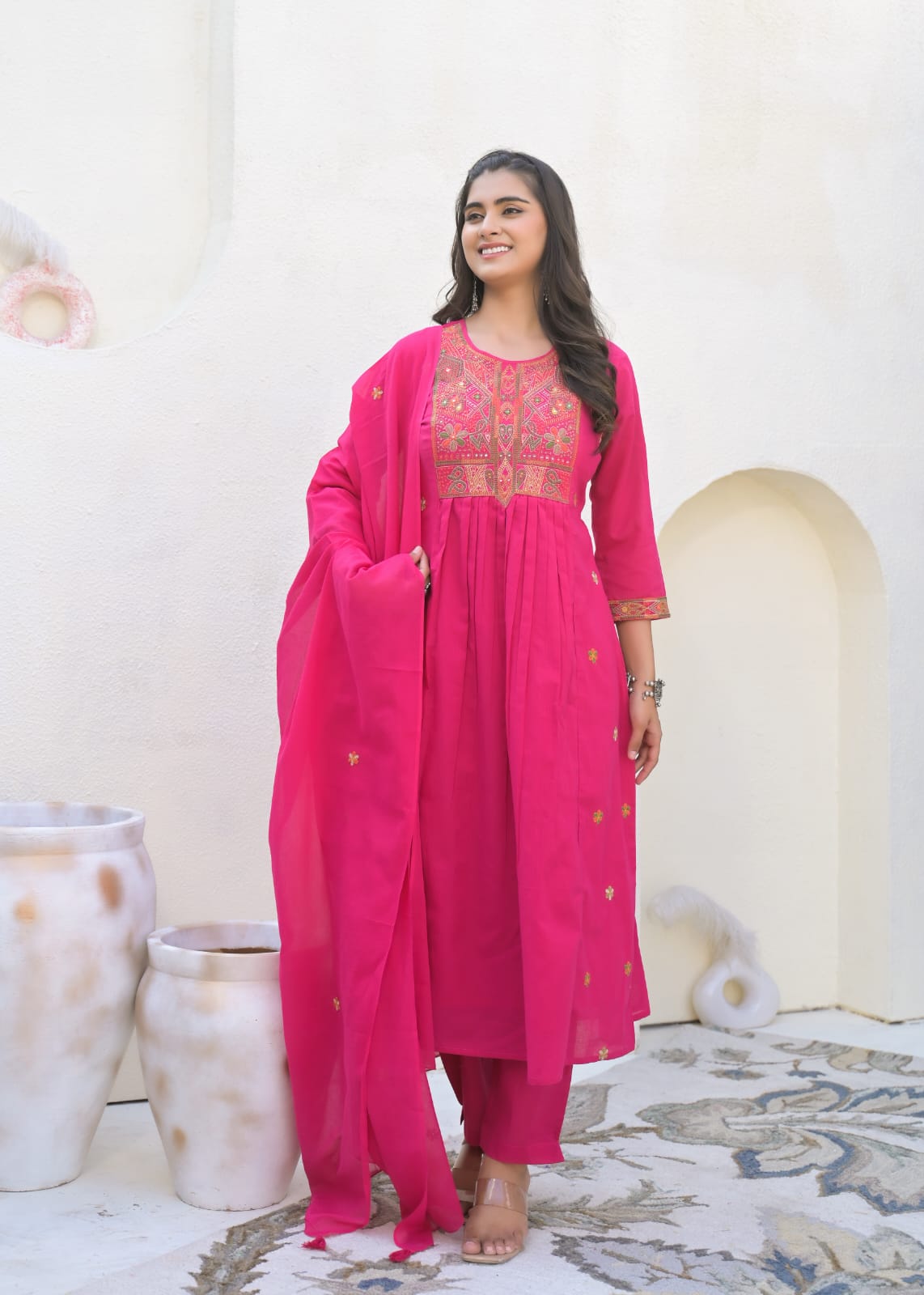 A-Line Cotton Suit with Cotton Pant and Malmal Dupatta