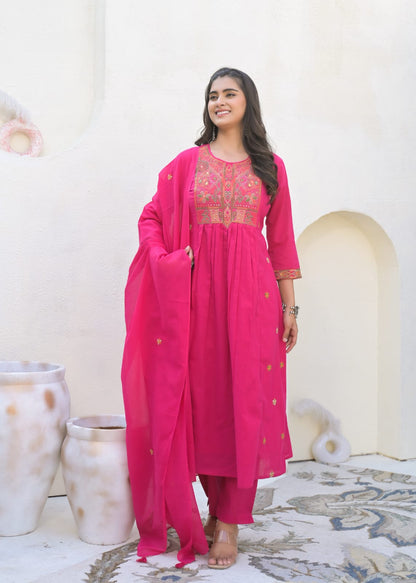 A-Line Cotton Suit with Cotton Pant and Malmal Dupatta