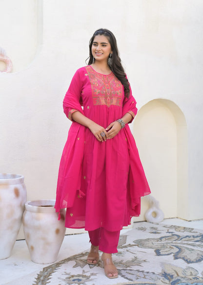 A-Line Cotton Suit with Cotton Pant and Malmal Dupatta