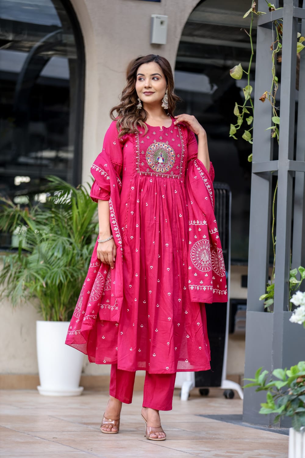 A-Line Cotton Suit with Cotton Pant and Malmal Dupatta