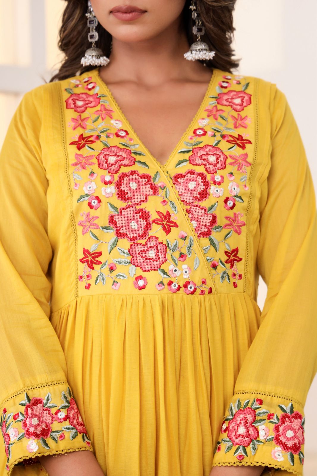 Malmal Cotton Anarkali Kurti Set with Pant & Dupatta