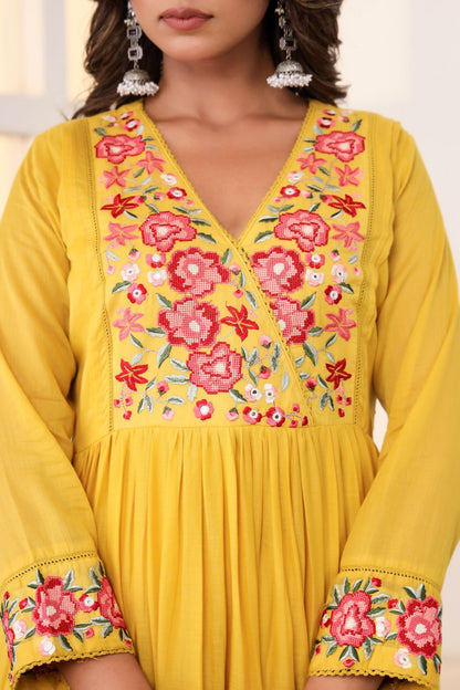 Malmal Cotton Anarkali Kurti Set with Pant & Dupatta
