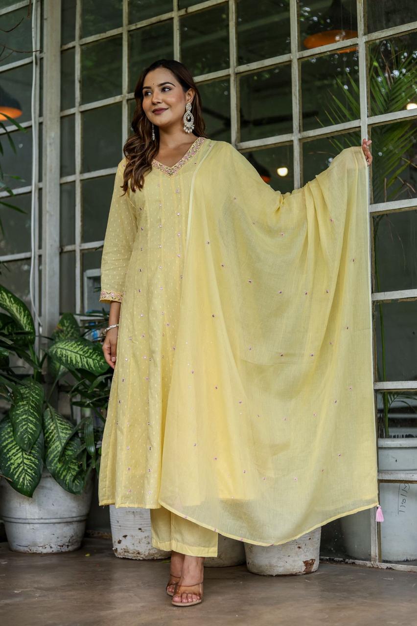 Anarkali Malmal Cotton Suit with Cotton Pant and Malmal Dupatta