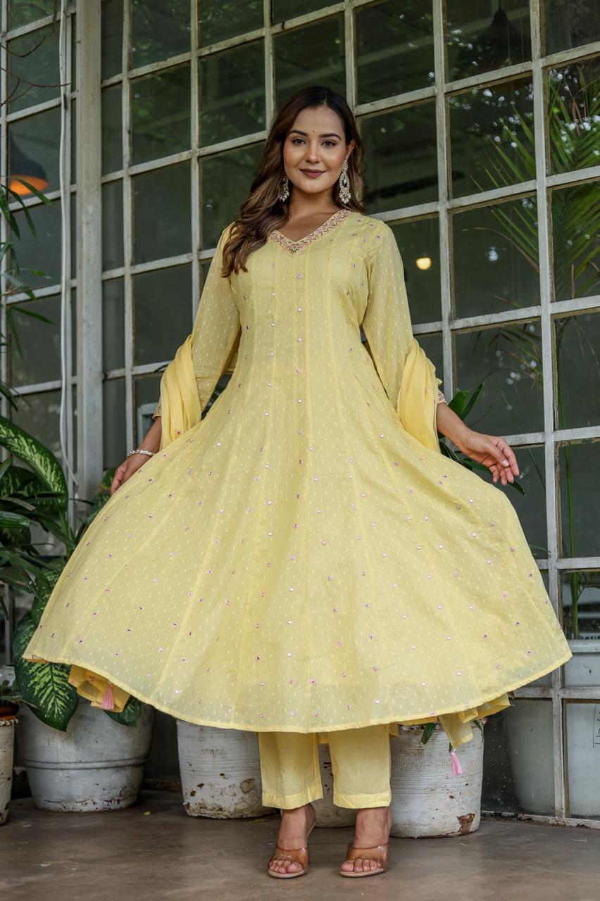 Anarkali Malmal Cotton Suit with Cotton Pant and Malmal Dupatta