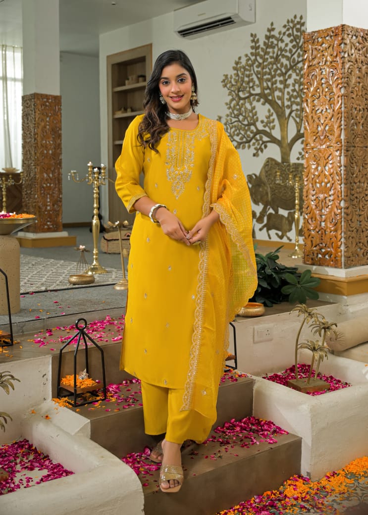 Crape Silk Straight Suit with Silk Dupatta