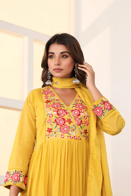 Malmal Cotton Anarkali Kurti Set with Pant & Dupatta