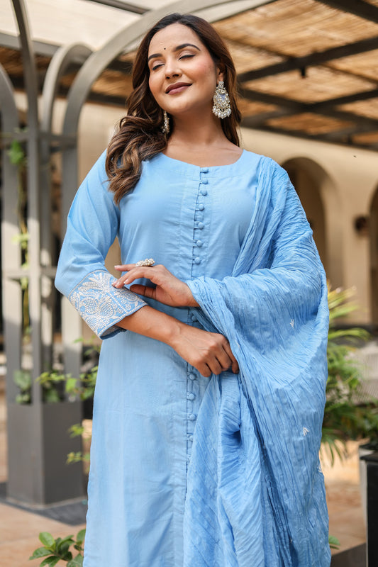 Straight Cotton Suit with Cotton Pant and Malmal Dupatta