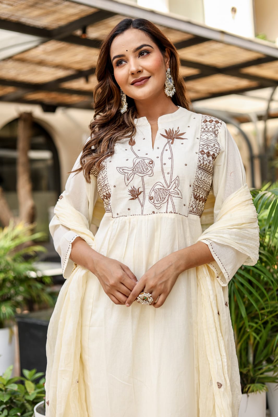A-Line Cotton Suit with Cotton Pant and Malmal Dupatta
