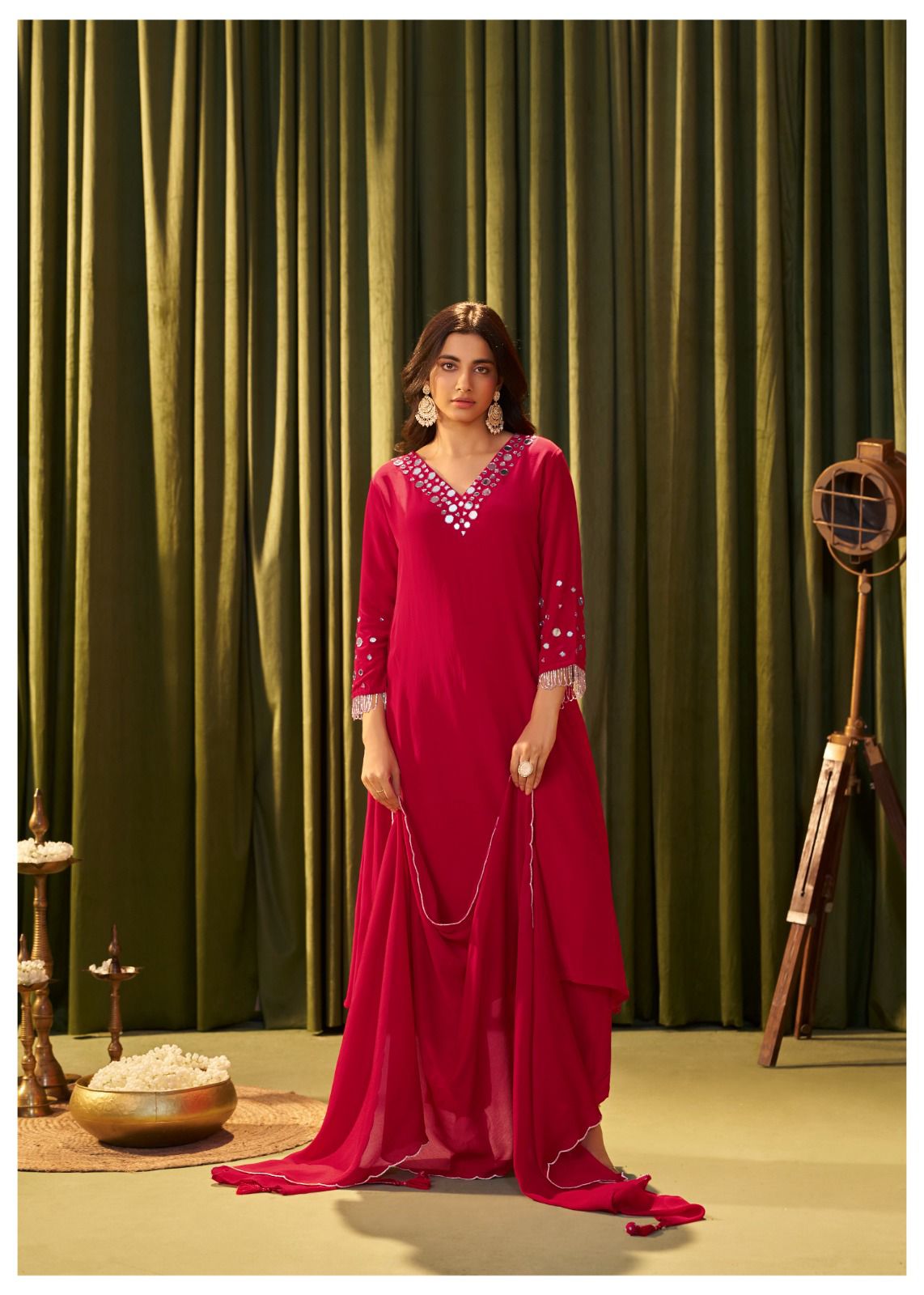 A-Line Crabe Silk Suit with Silk Dupatta and Pant