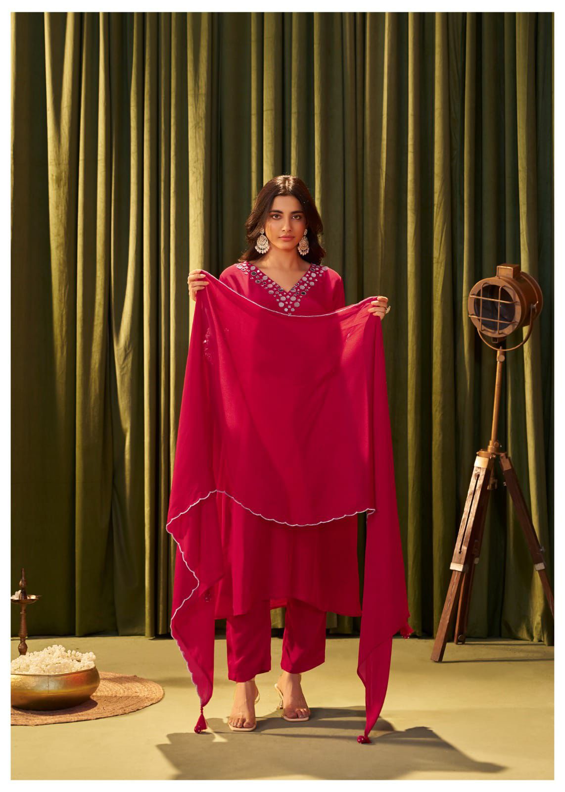 A-Line Crabe Silk Suit with Silk Dupatta and Pant
